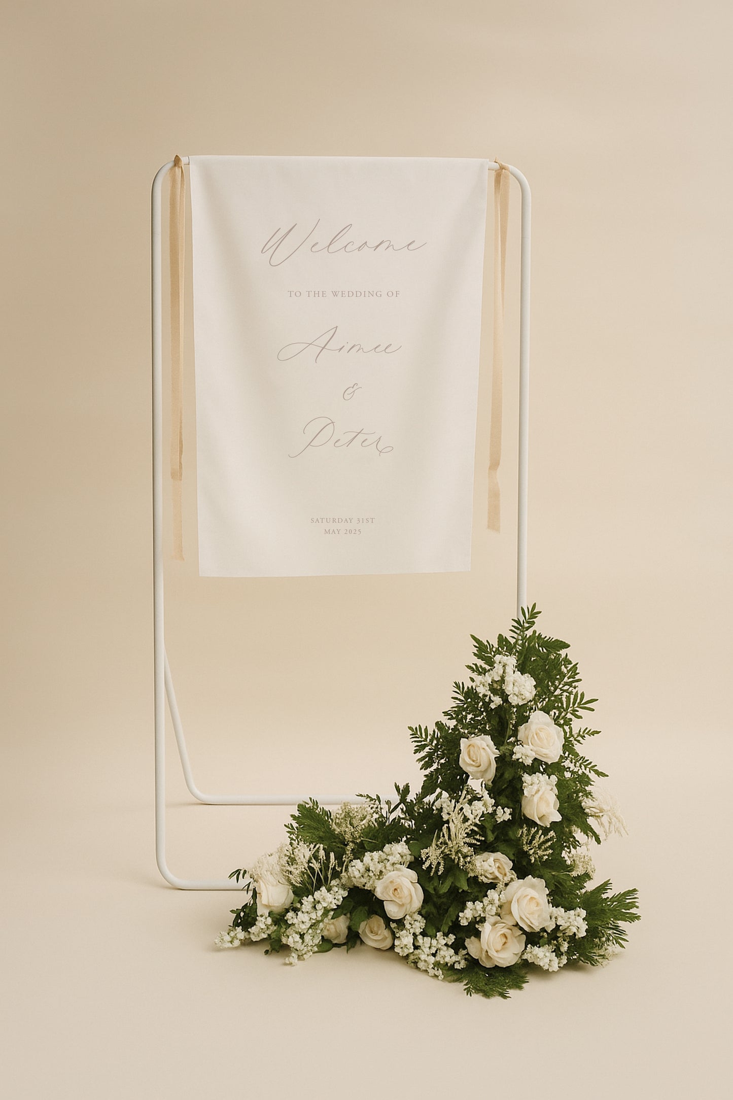 Decorative sign with floral arrangement on a beige background
