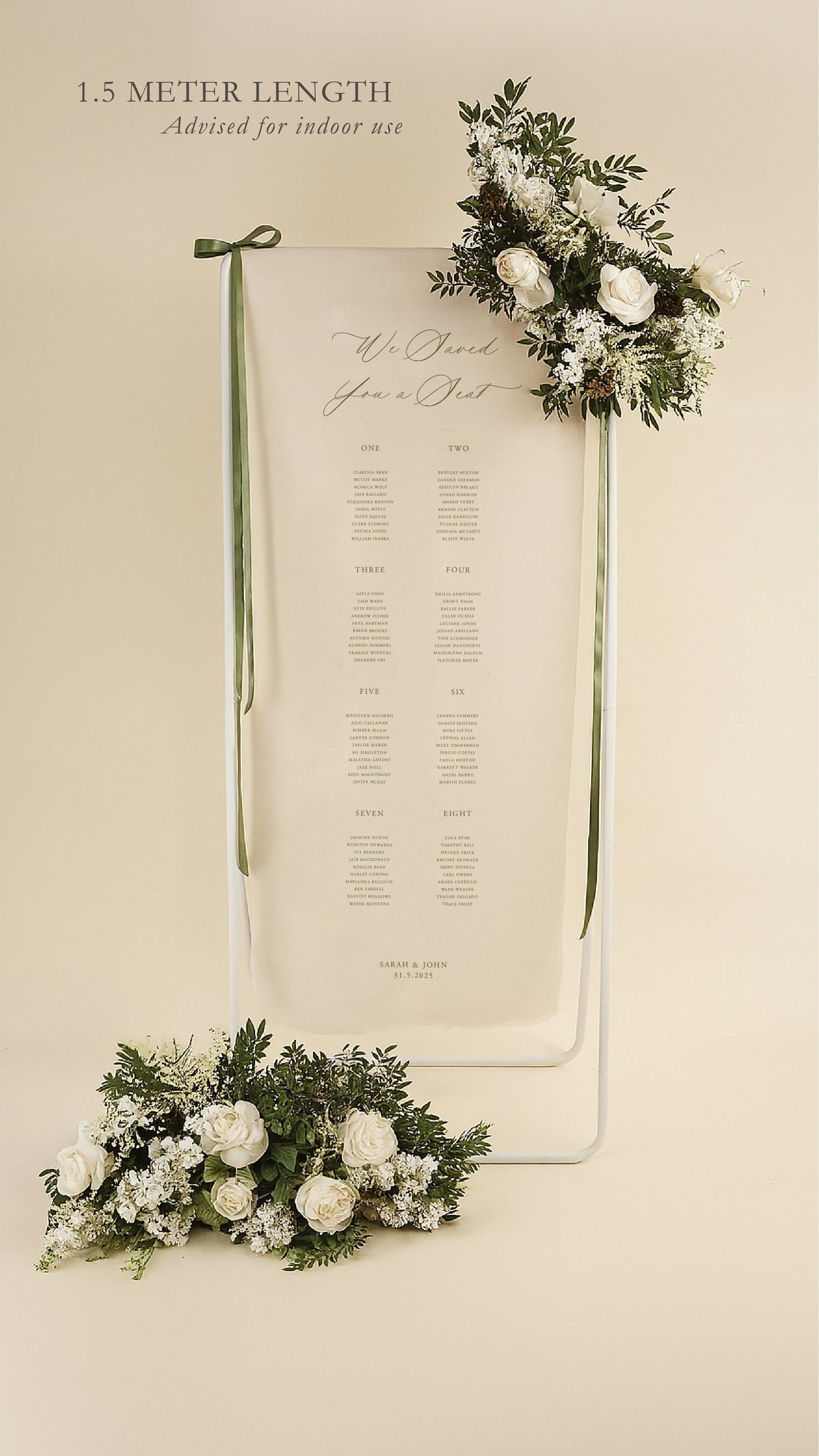 Decorative wedding seating chart with floral arrangements on a beige background