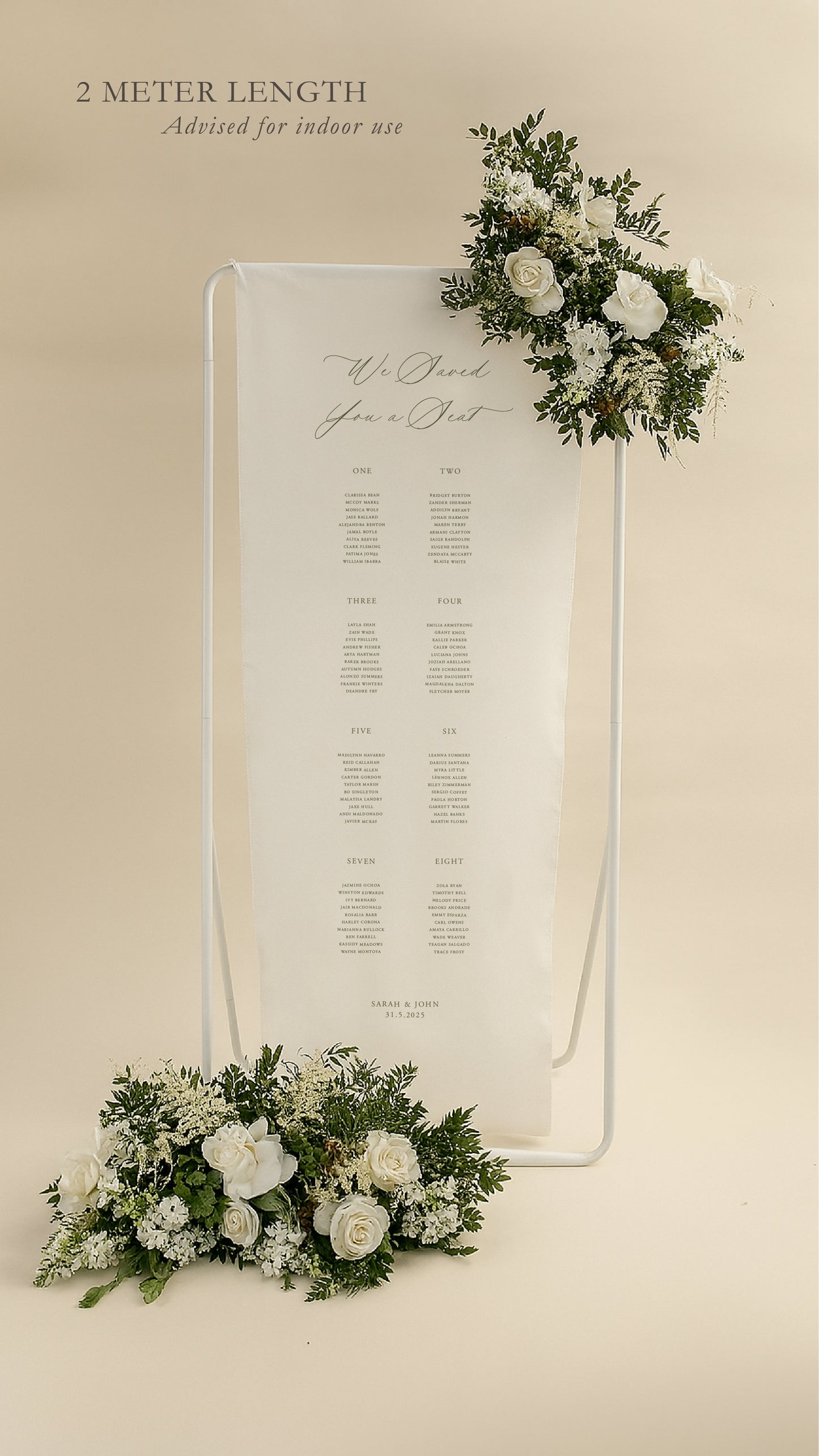 Wedding seating chart with floral decorations on a beige background