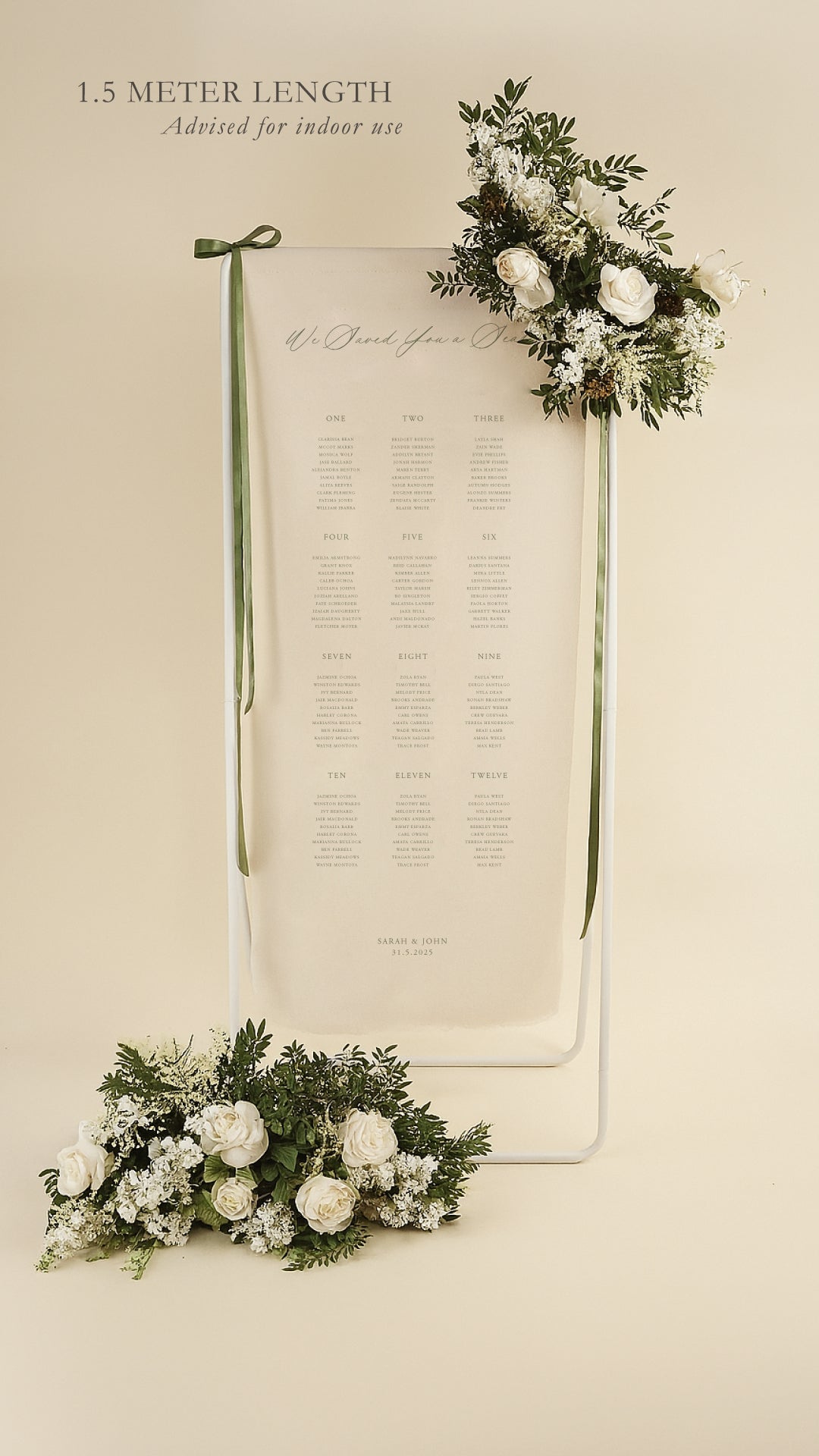 Decorative wedding seating chart with floral arrangements on a beige background