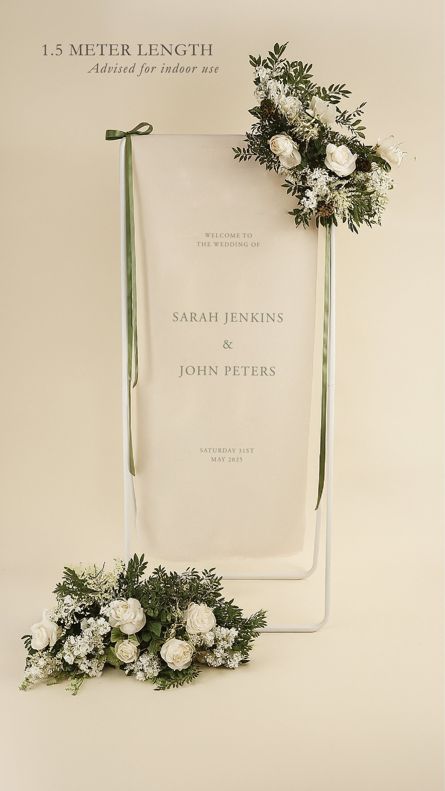 Wedding welcome sign with floral decorations on a beige background