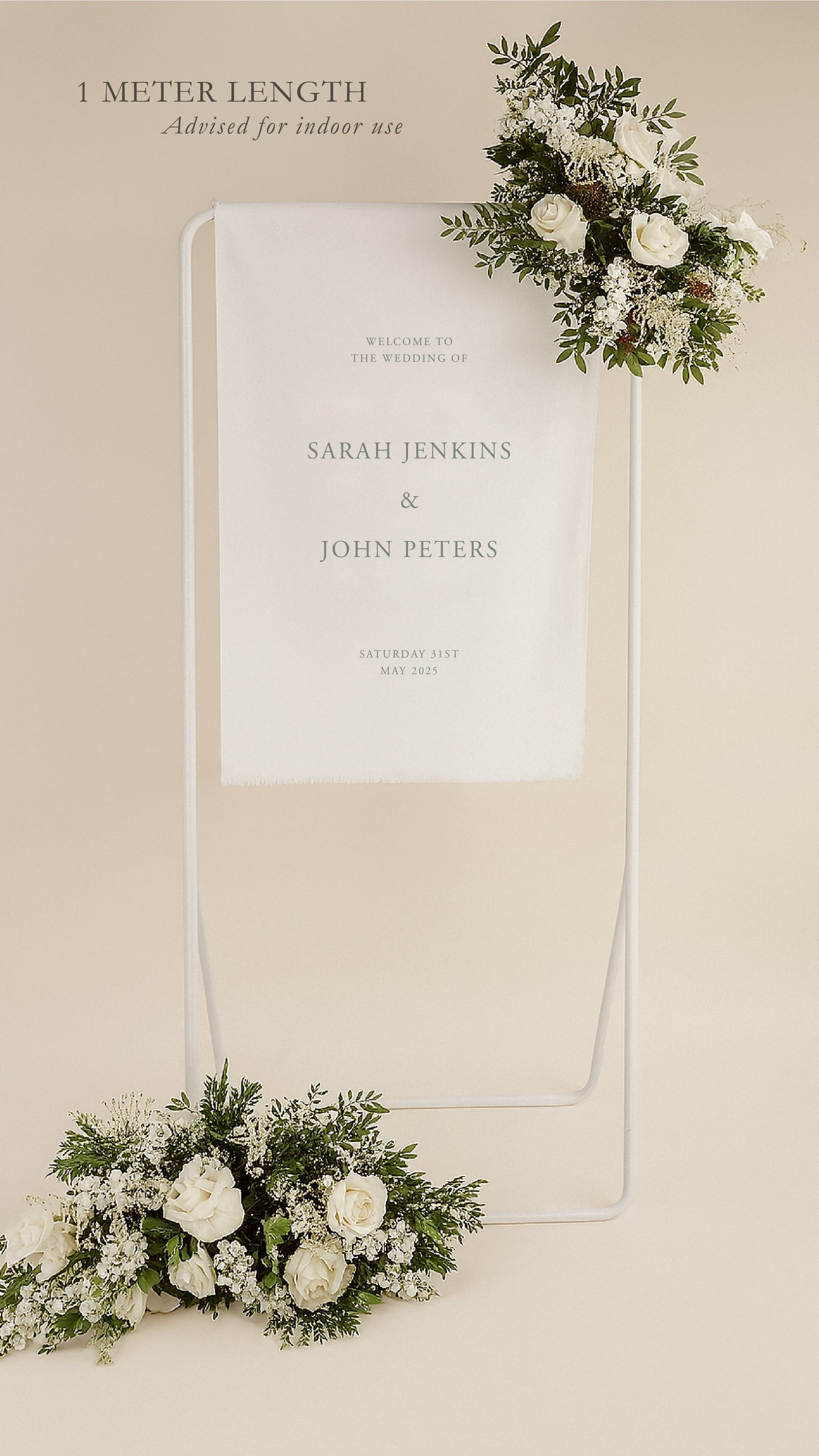 Decorative wedding sign with floral arrangements on a beige background