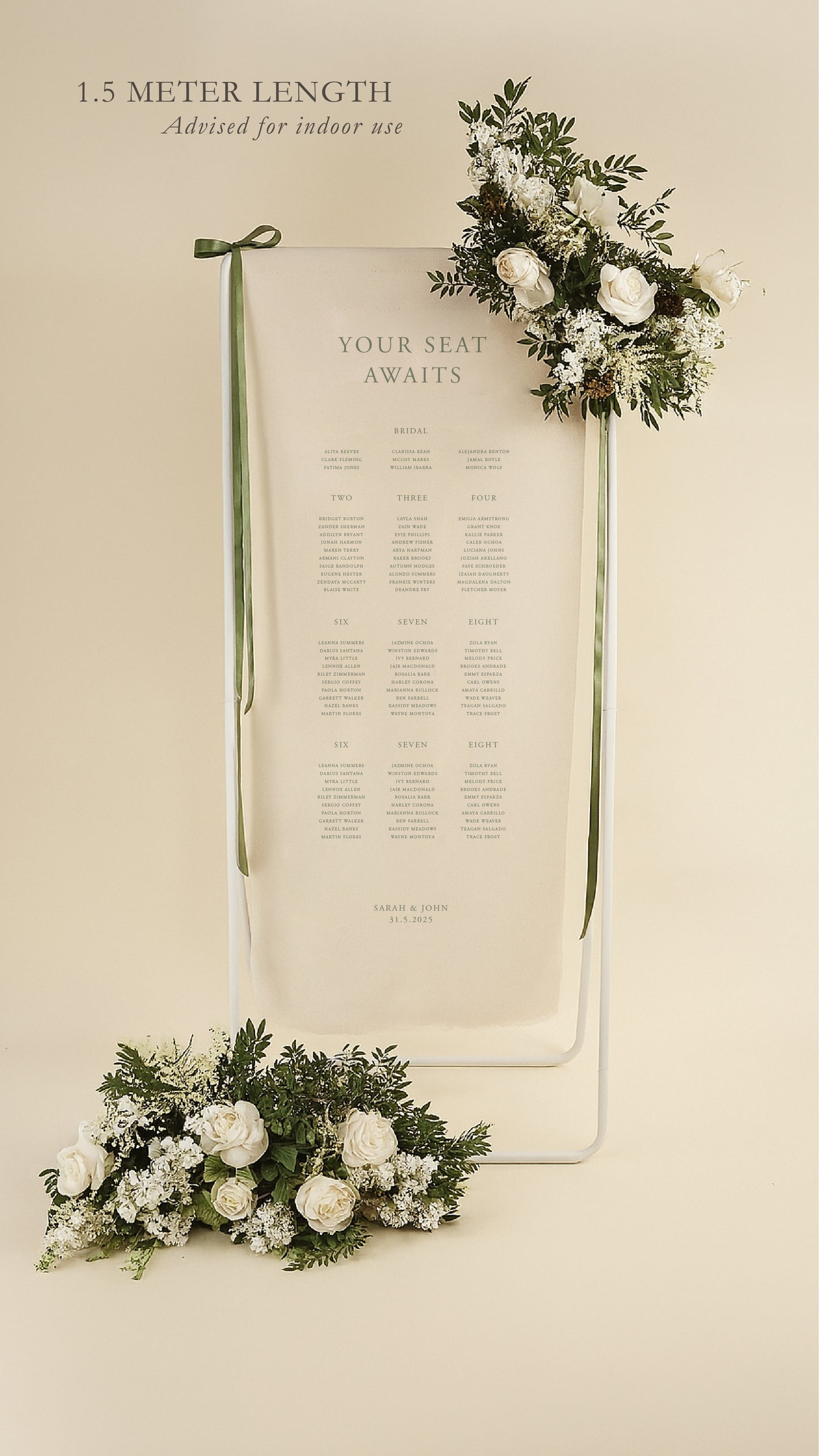 Decorative seating chart with floral arrangements on a beige background