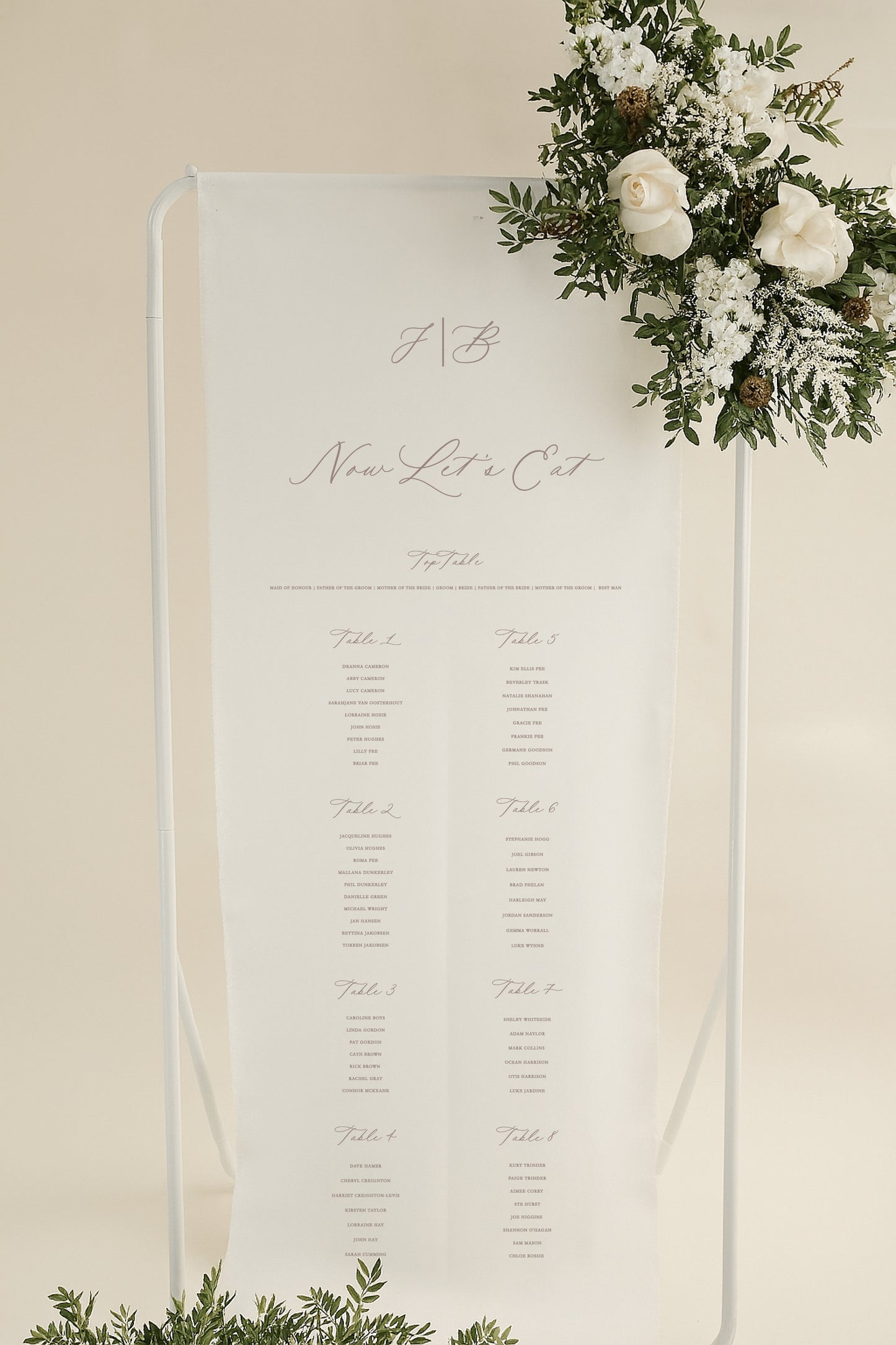 Personalised seating chart with floral decoration on a beige background