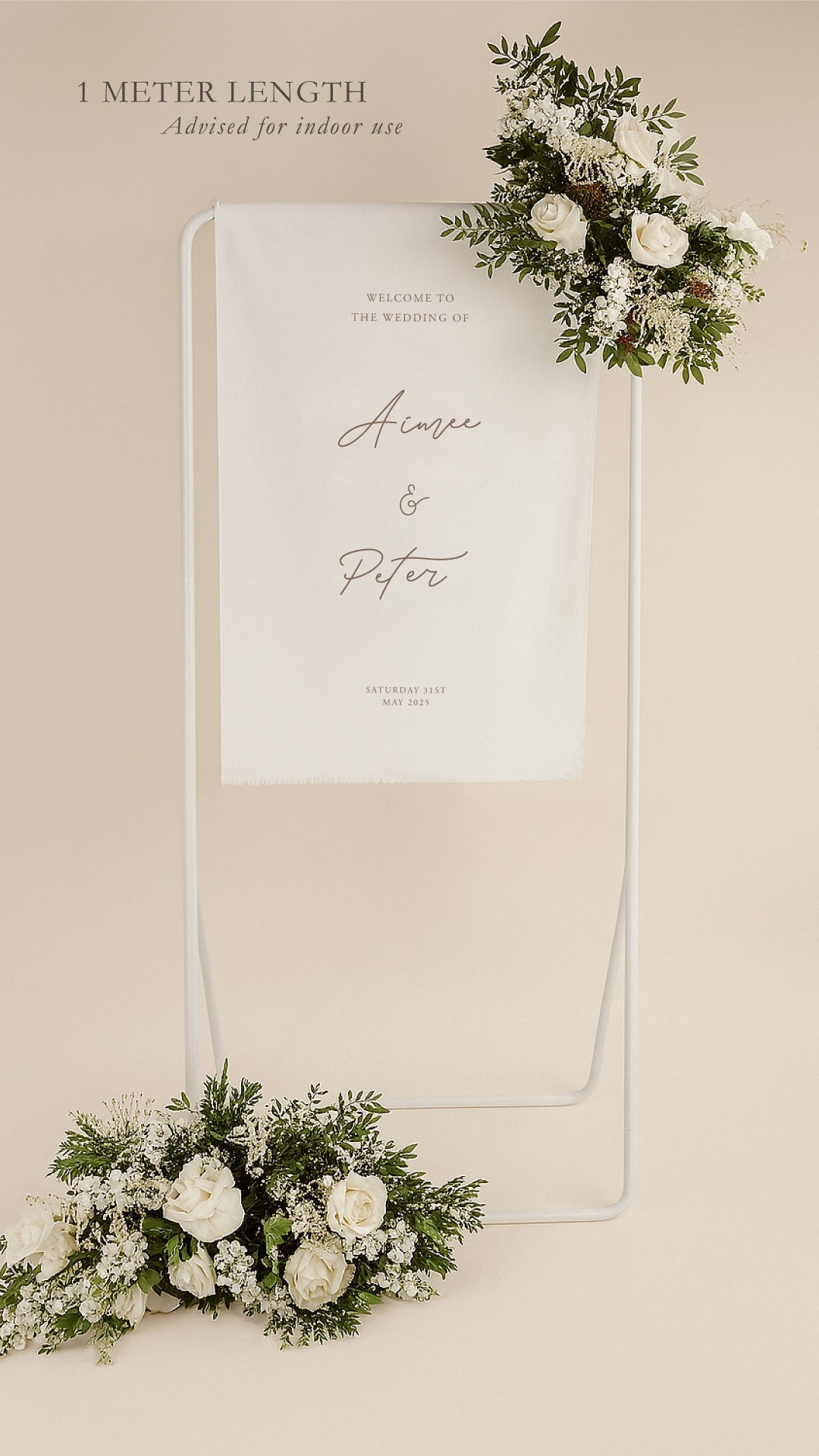 Decorative wedding sign with floral arrangements on a beige background