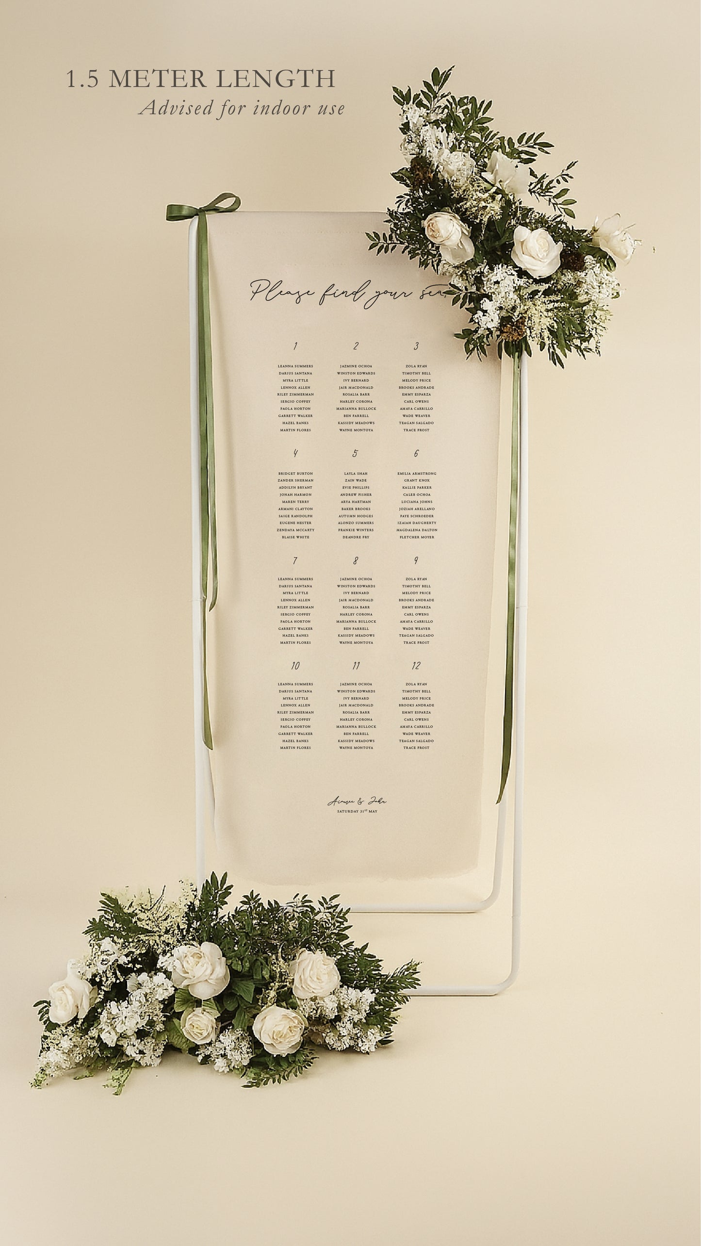 Decorative wedding seating chart with floral arrangements on a beige background