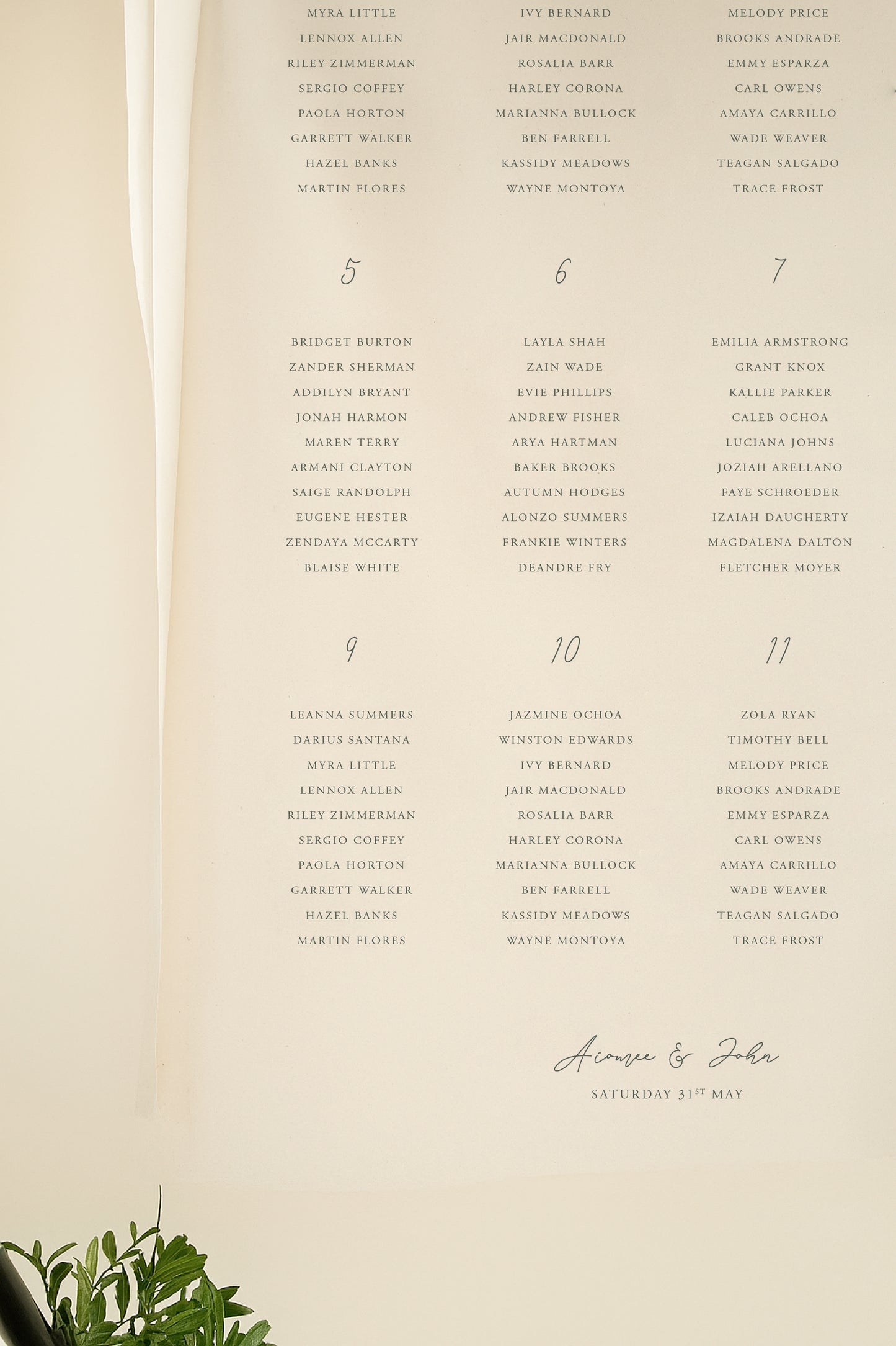 Seating chart for an event with names listed in a decorative font on a beige background.