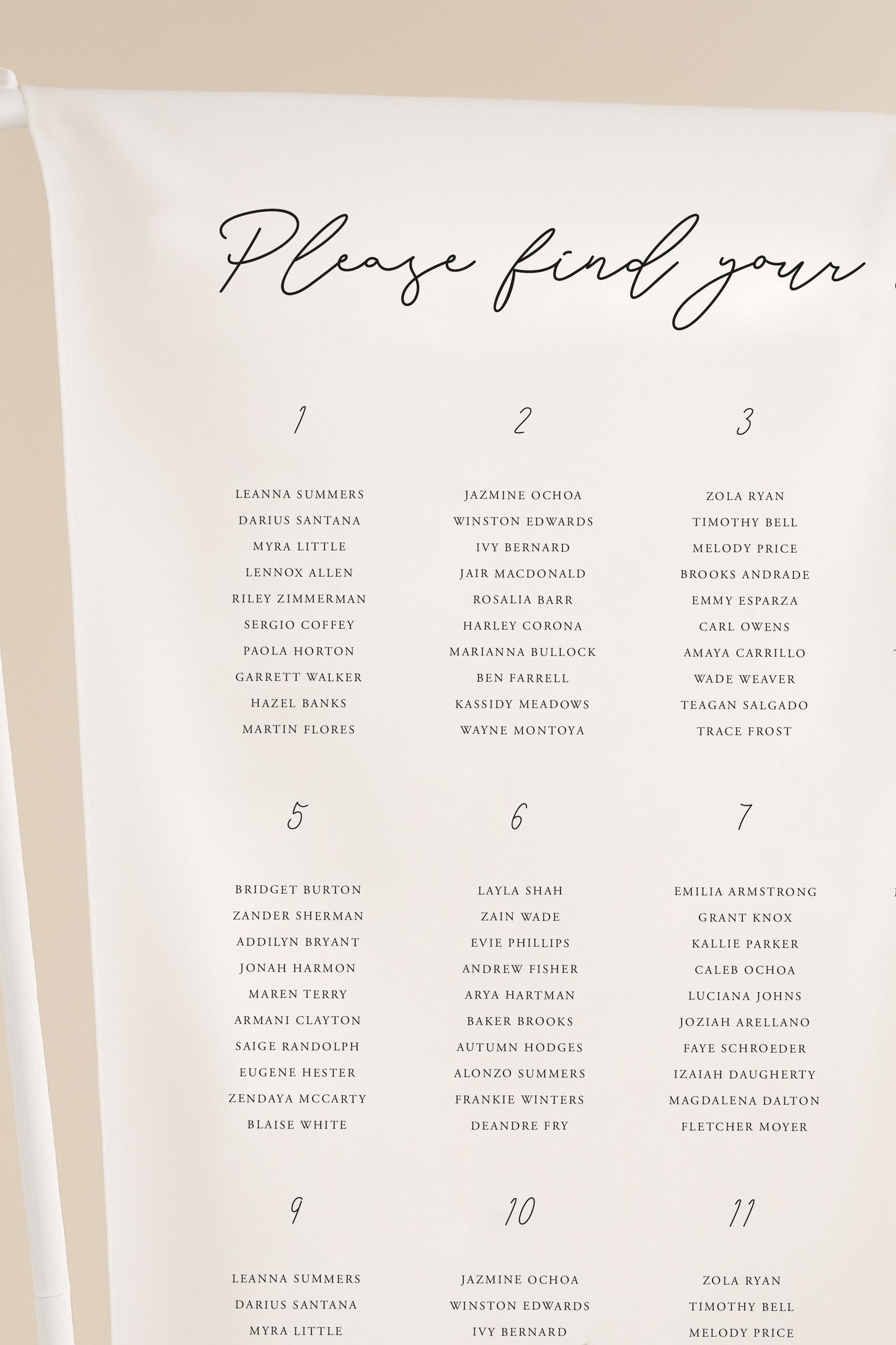 Seating chart for a wedding with names and numbers on a white background