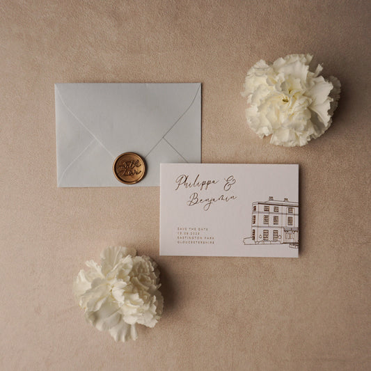 Foil Save the Date with Soft Blue & Bronze Details