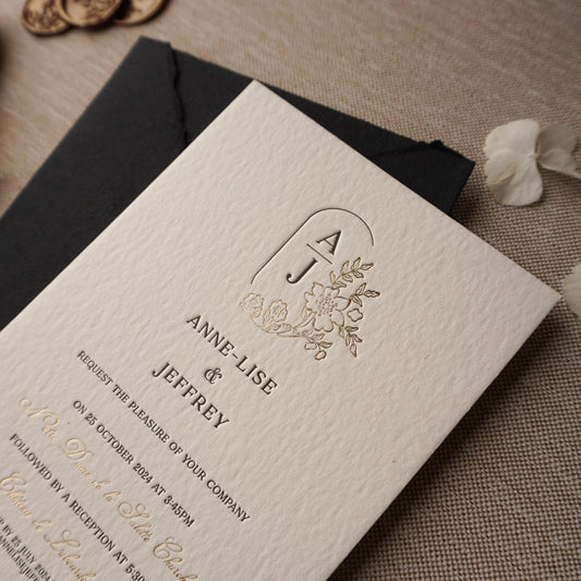 Black Letterpress Wedding Invitation with Gold Foil Monogram
