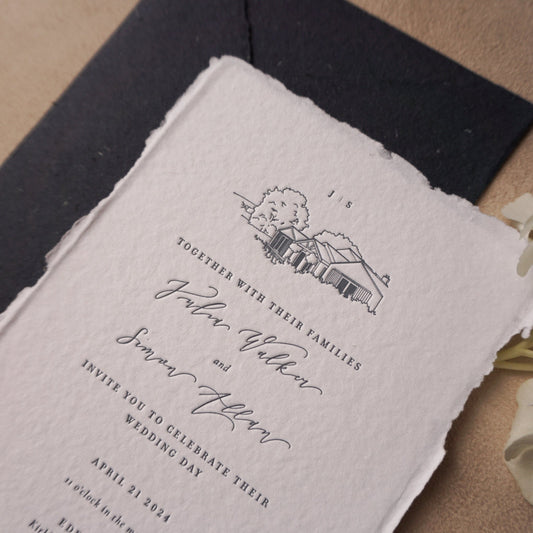 Deep Blue Letterpress Wedding Invitation