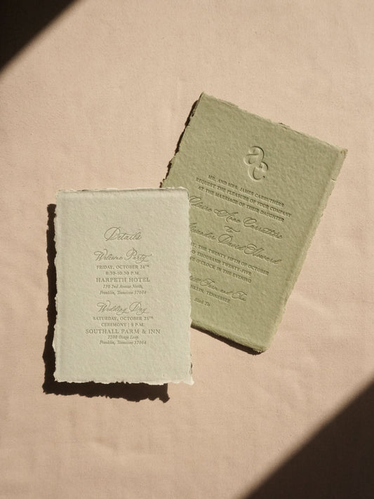 Tonal Sage Letterpress Wedding Invitations on Handmade Paper