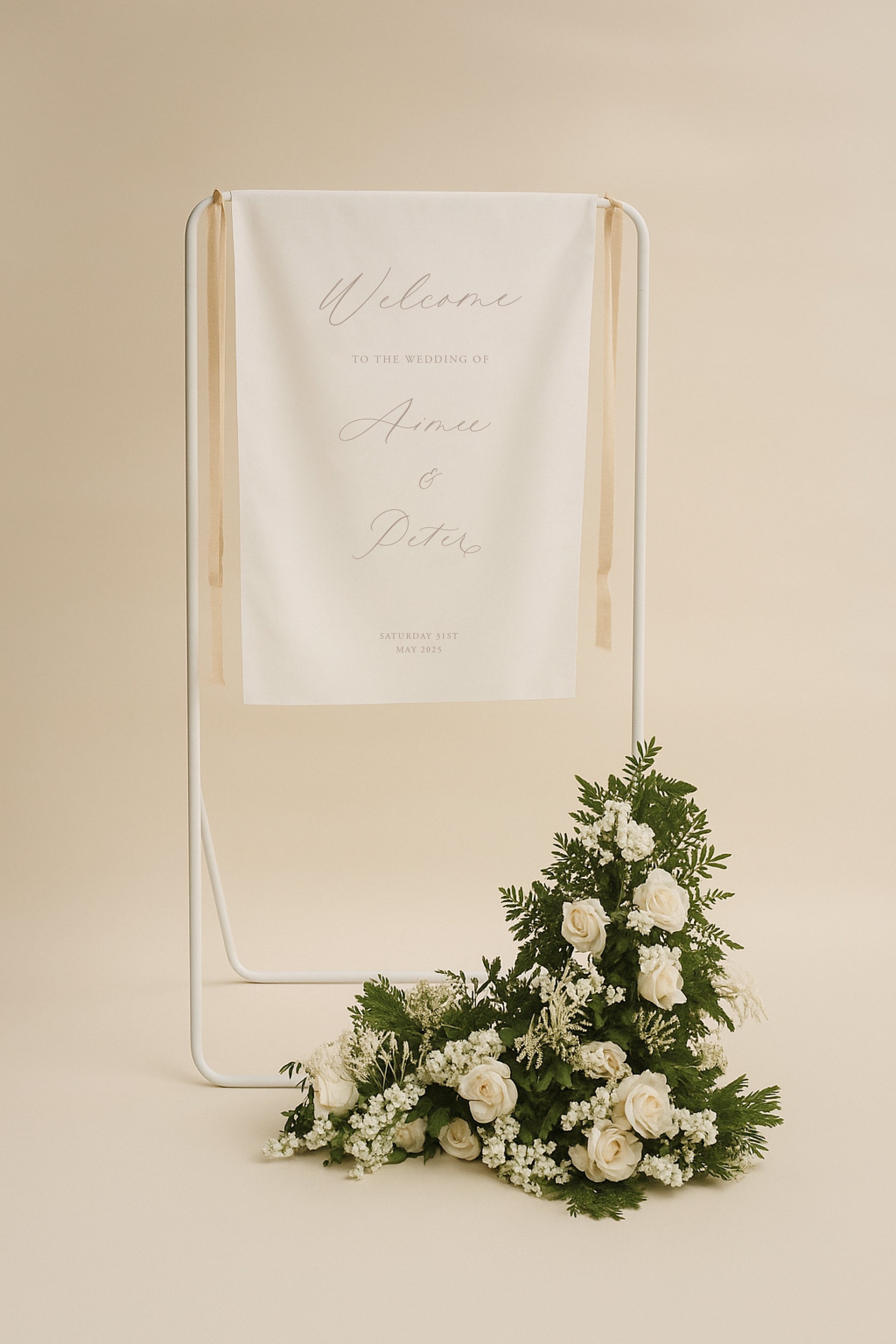 Decorative sign with floral arrangement on a beige background