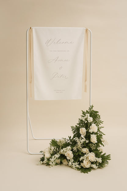 Decorative sign with floral arrangement on a beige background