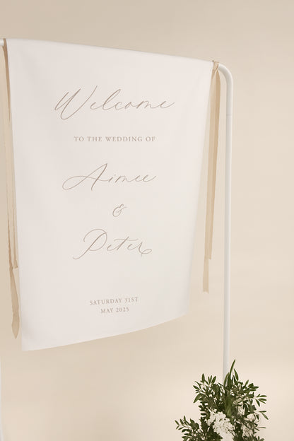 Wedding welcome sign with text on a white background