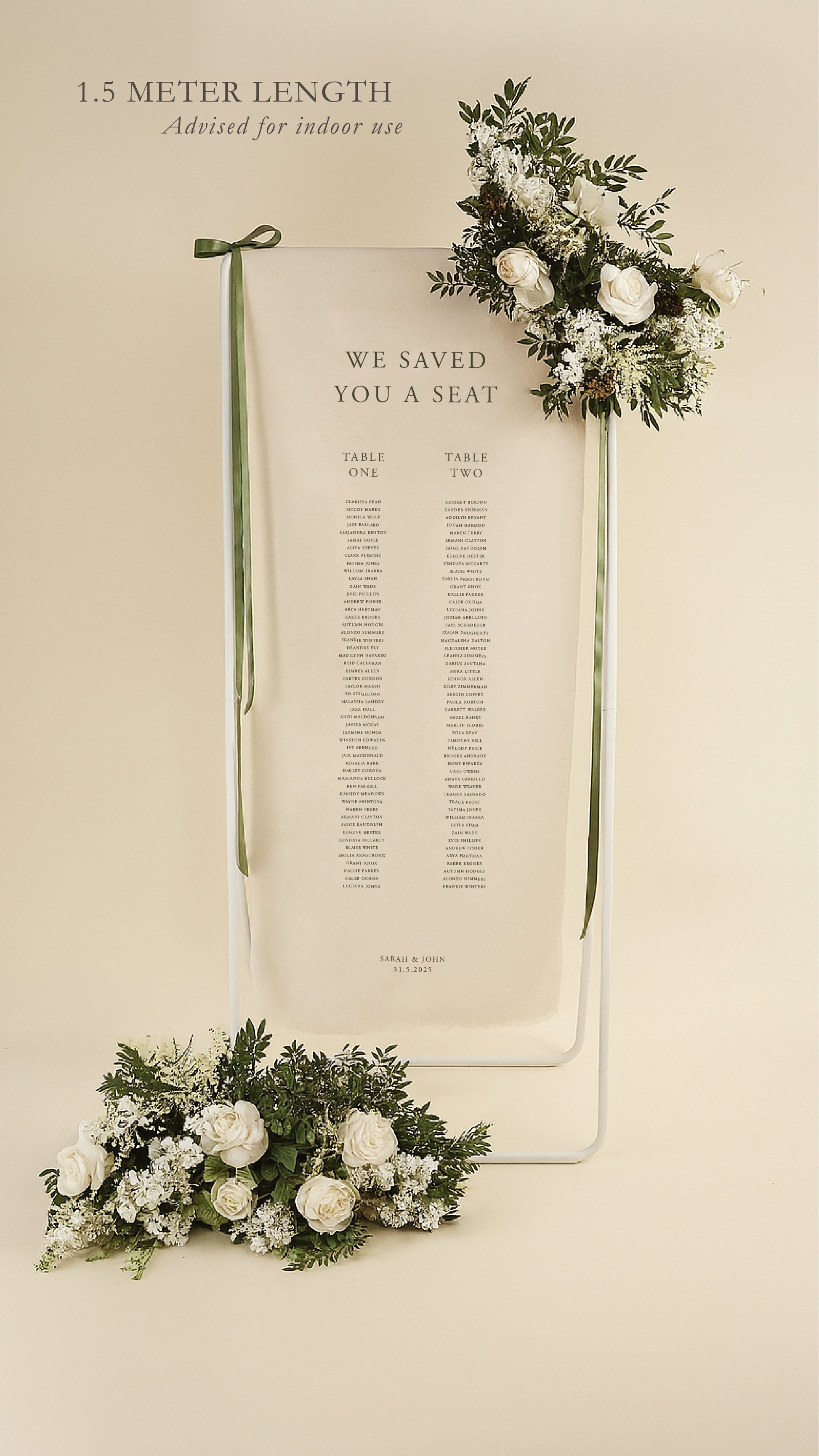 Wedding seating chart with floral decorations on a beige background