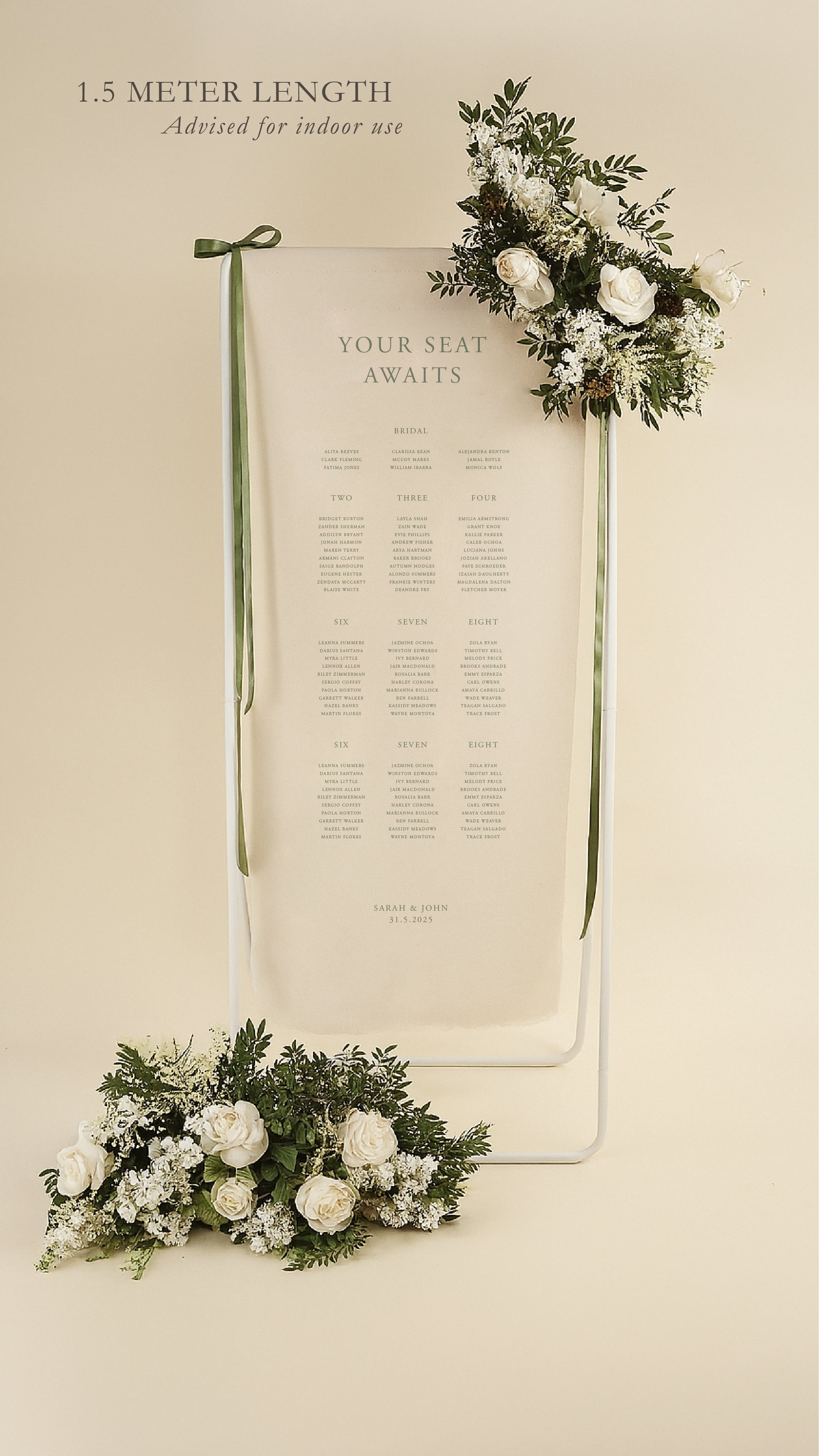 Decorative seating chart with floral arrangements on a beige background