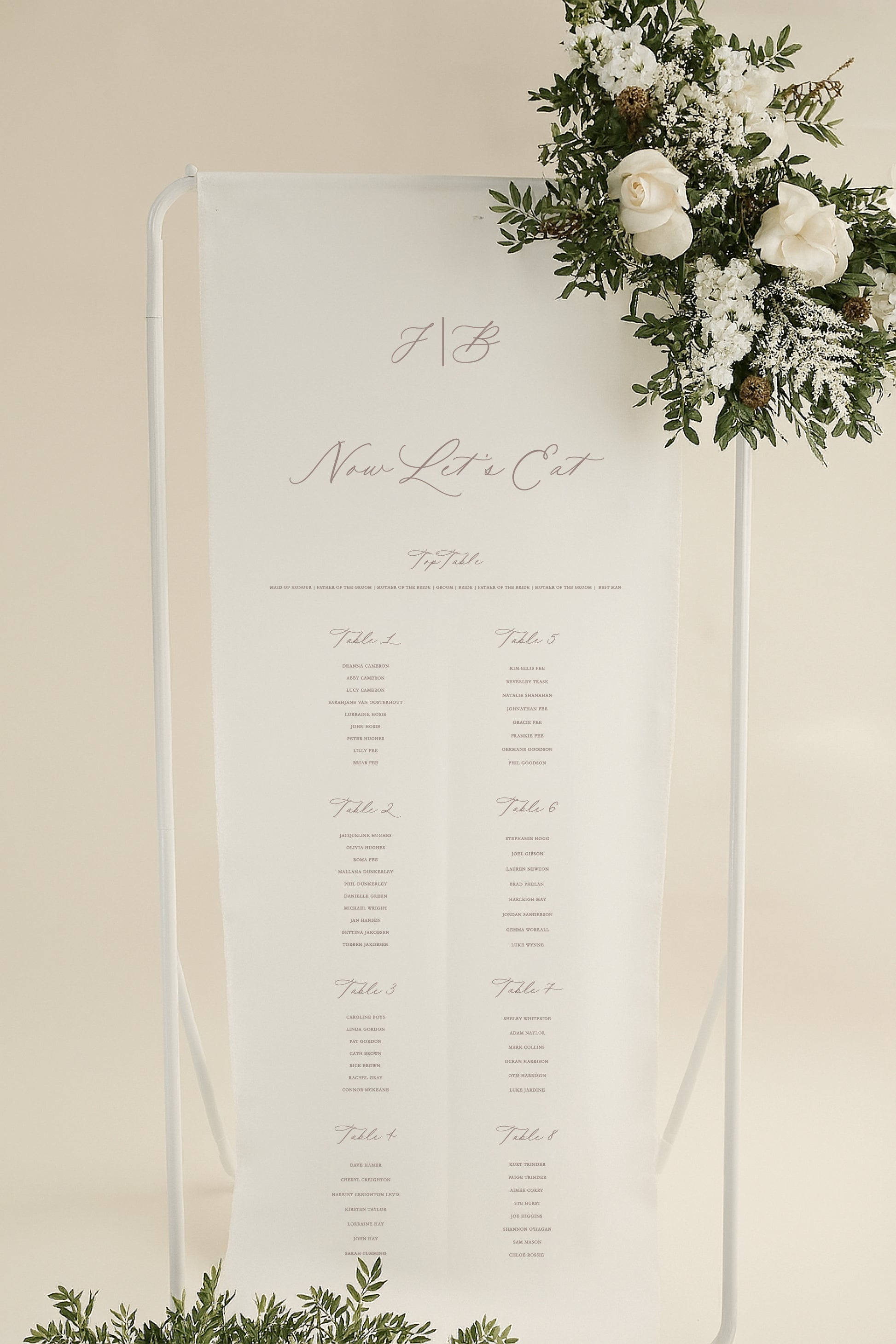 Personalised seating chart with floral decoration on a beige background