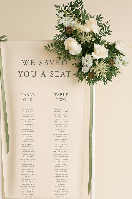 Wedding seating chart with floral decoration on a beige background
