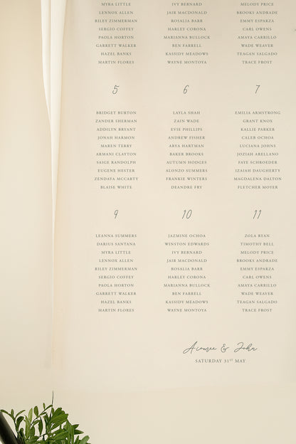 Seating chart for an event with names listed in a decorative font on a beige background.
