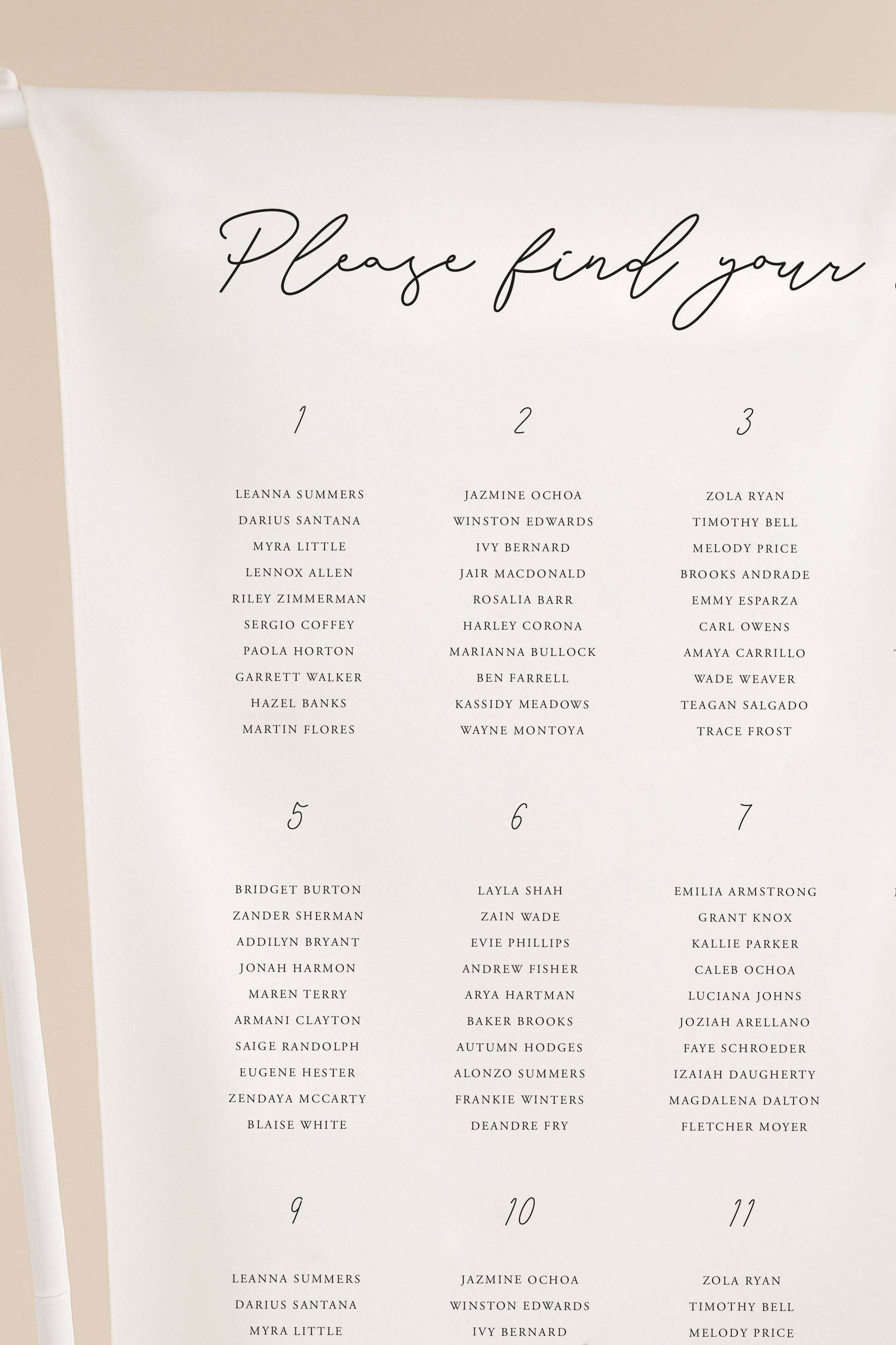 Seating chart for a wedding with names and numbers on a white background