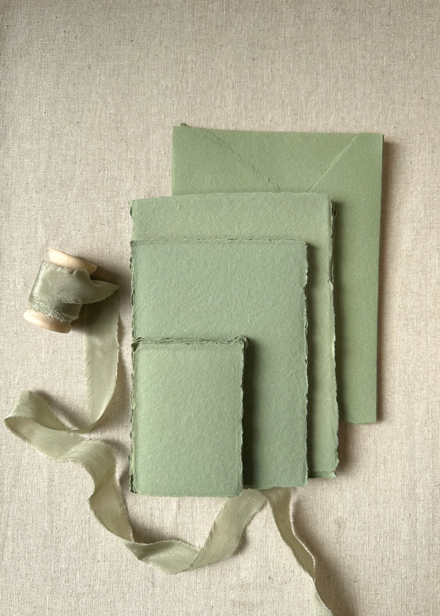 5x7 Sage green handmade paper, recycled, deckle edge